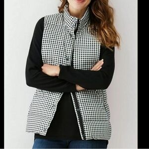 NWOT J Jill Black White Check Lightweight Warm Down Puffer Vest Snap Front XS